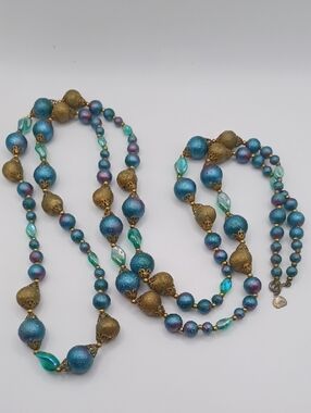 Judy Lee Teal, Aqua & Antiqued Gold Tone Beaded Long Necklace 1965